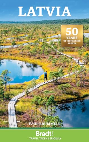 Book cover: “Latvia” with a landscape of wetlands and a boardwalk.