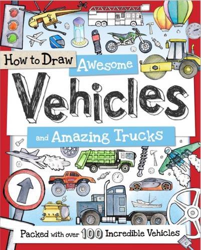 Book cover titled How to Draw Awesome Vehicles and Amazing Trucks with various vehicle illustrations.