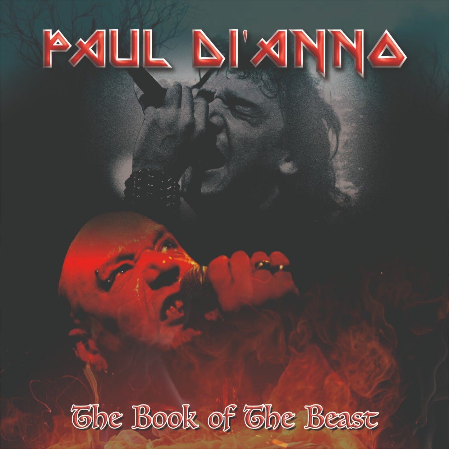 CD cover for Paul Dianno’s “The Book of the Beast” with fiery imagery.