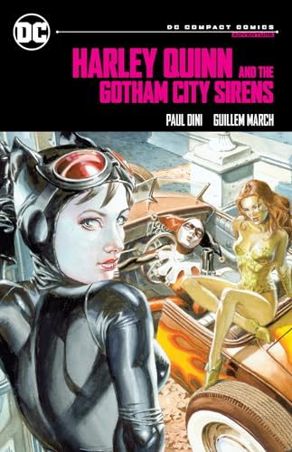 Catwoman, Harley Quinn, and Poison Ivy pose near a car on a comic book cover.