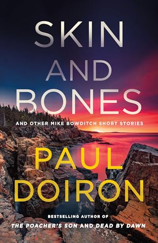 Book cover: "Skin and Bones" by Paul Doiron, rocky coastline scene.