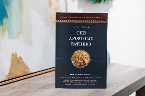 Dark blue book, “The Apostolic Fathers,” Volume 4, with gold lettering.