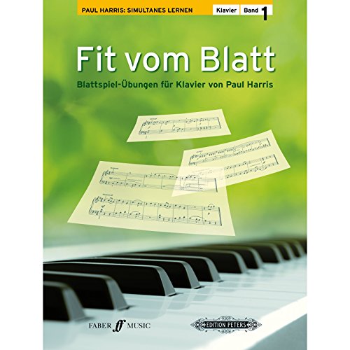 Cover of Fit vom Blatt Band 1 piano sight-reading book with floating sheet music.
