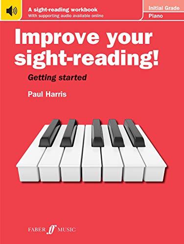 Red piano sight-reading workbook for Initial Grade with piano keys image.