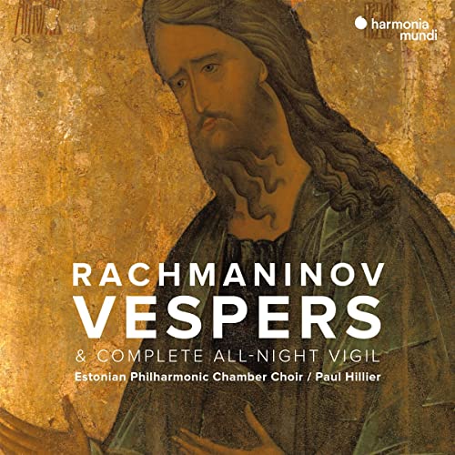 CD cover featuring a gold-toned icon of a bearded man with "Rachmaninov Vespers" text.