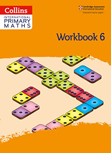 Collins International Primary Maths Workbook 6 cover featuring colorful dominoes on an orange background.