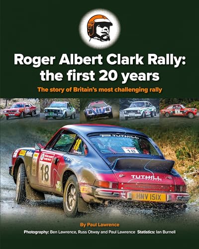 Book cover with rally car, mountains, and text about the Roger Albert Clark Rally.