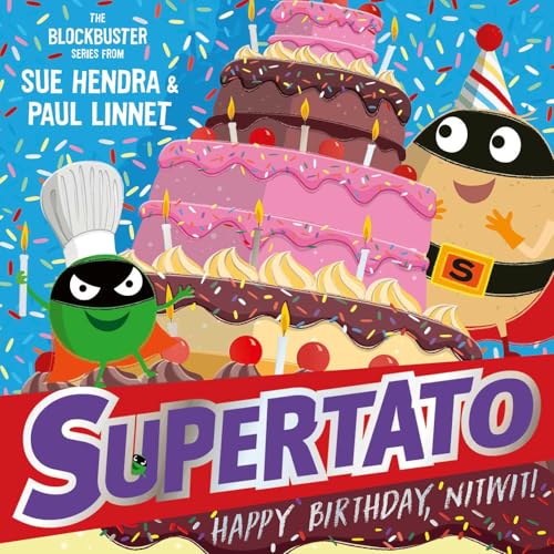 Supertato and a green pea character stand beside a large, multi-layered birthday cake.