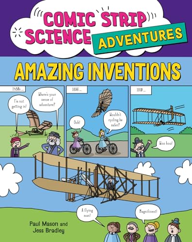 Book cover featuring comic strip panels about historical inventions like airplanes and bicycles.