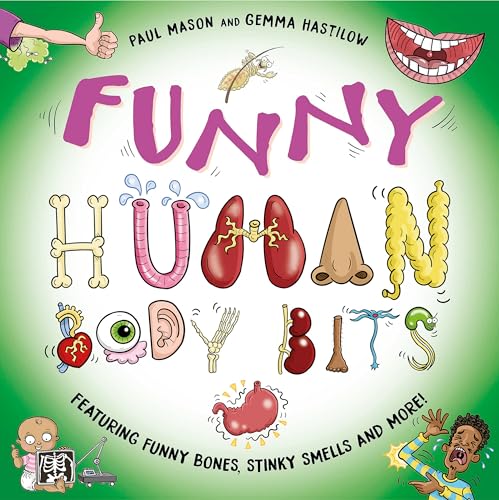 Book cover with cartoon human organs, bones, and humorous illustrations.
