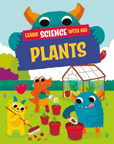 Colorful cartoon monsters gardening with plants in a greenhouse scene.