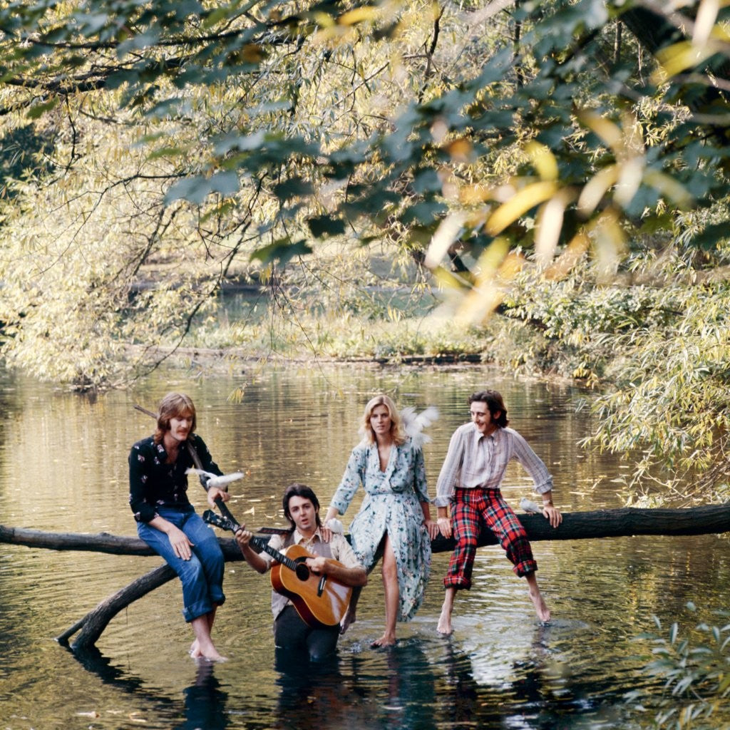 Paul McCartney and Wings posing on a log in a lake.