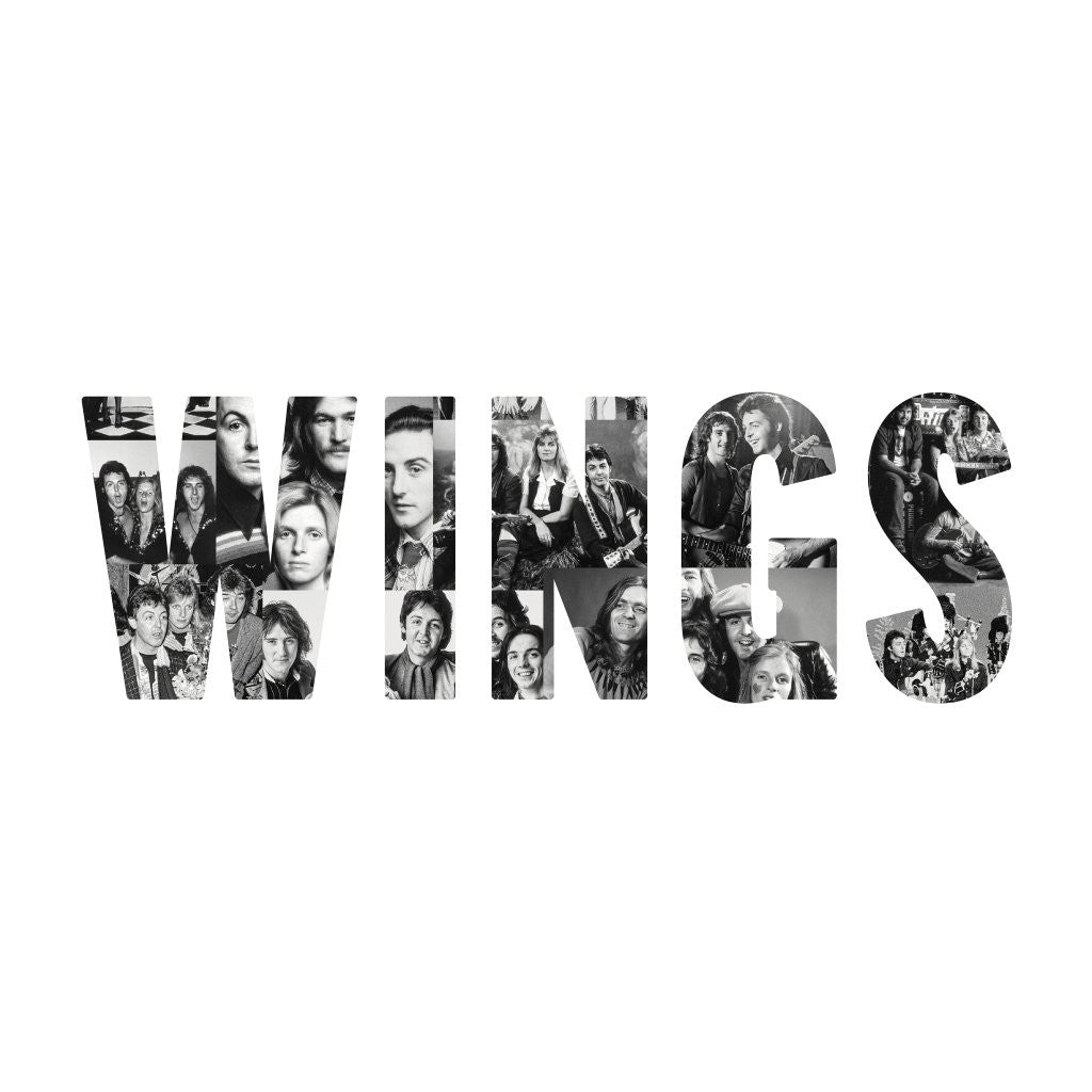 The word WINGS formed by a collage of black and white band photographs.
