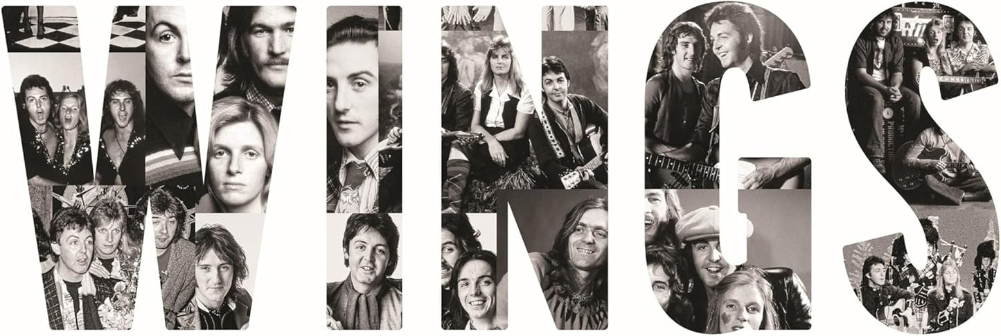 Black and white collage forming the word "WINGS" with band members’ portraits.