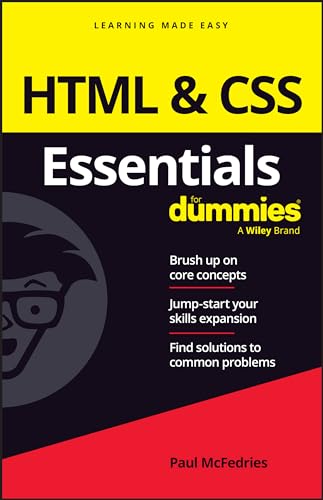 Book cover for "HTML & CSS Essentials For Dummies" with a cartoon head.