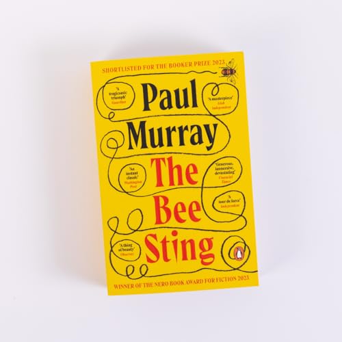 Yellow book cover with red title "The Bee Sting" and bee illustration.