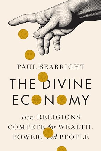 Book cover with a hand reaching for coins bearing religious symbols.