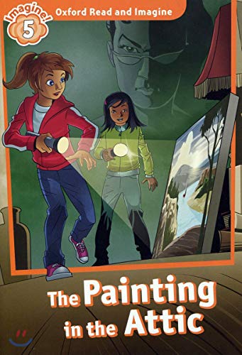 Two girls with flashlights examine a painting in an attic with a ghostly face above.