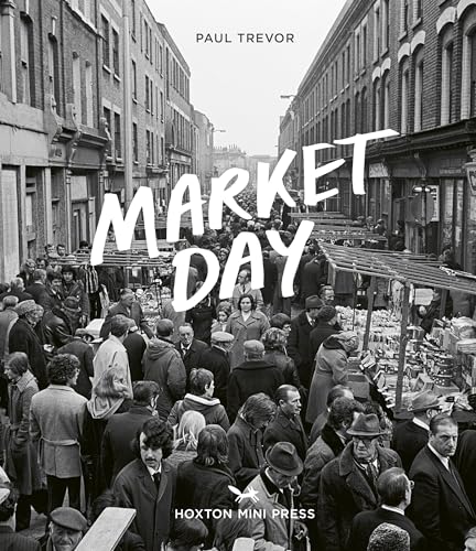 Black and white photo of a crowded street market, book cover.