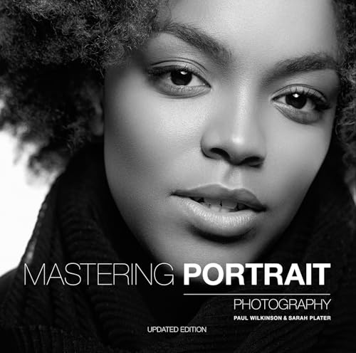 Black and white portrait of a woman, book cover titled “Mastering Portrait Photography”.