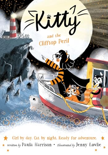 A girl and cats on a boat at night near a lighthouse and cliff.
