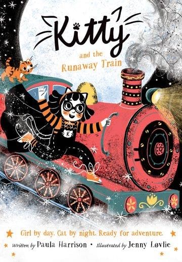 Girl in striped suit riding a red steam train with a cat.