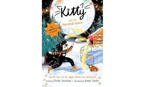 Book cover: girl in winter clothes chases snowballs, with a cat.