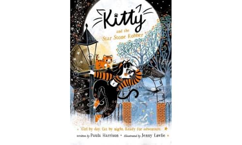 A girl with cat-like features and a small orange cat climb a streetlamp.