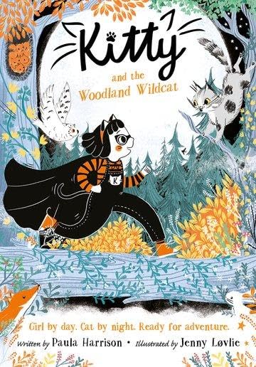Book cover: girl in black cape with cats in a forest.