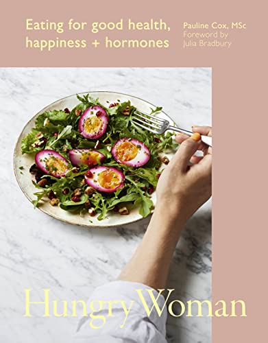 Book cover: salad with eggs, hand reaching for food, title "Hungry Woman".