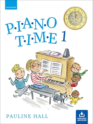 Cover of Piano Time 1 music book featuring a cartoon of children playing piano.