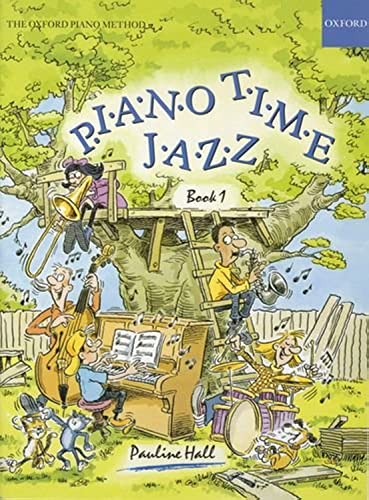Piano Time Jazz Book 1" cover with cartoon musicians in a tree.