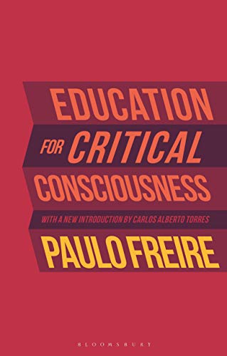 Book cover: "Education for Critical Consciousness" by Paulo Freire, red and orange text.