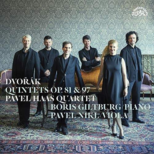 Album cover featuring five musicians and text: Dvorak Quintets, Pavel Haas Quartet.