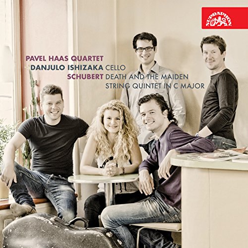 Pavel Haas Quartet album cover featuring five musicians in a relaxed setting.
