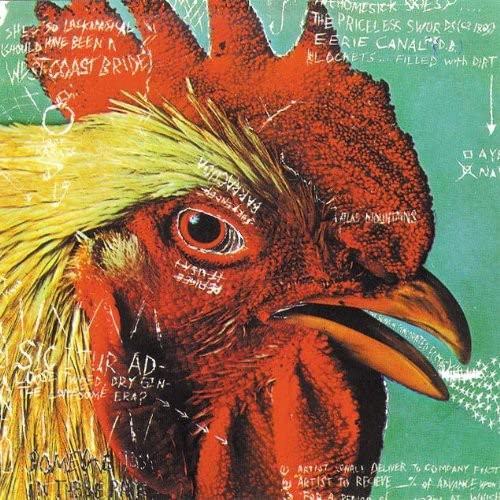 Red rooster portrait with handwritten text on a teal background.