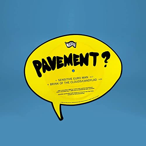 Yellow vinyl record with black text: "PAVEMENT" and song titles.