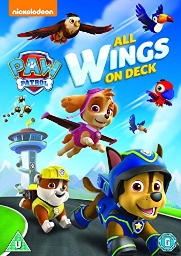 Paw Patrol characters Skye, Chase, and Rubble flying and running with birds in sky.