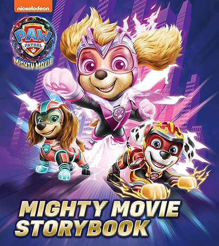 PAW Patrol pups in superhero gear fly before a city skyline.