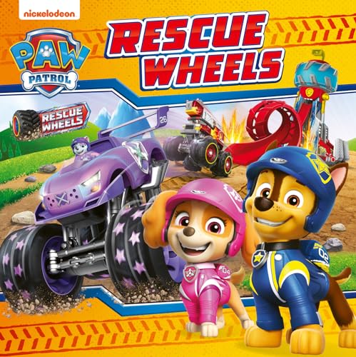 PAW Patrol characters and rescue vehicles on a colorful book cover.