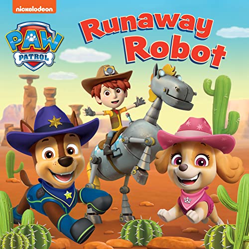 Paw Patrol characters with a boy riding a robot in a desert.