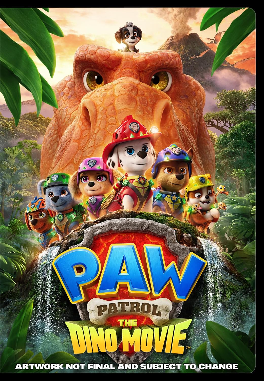 PAW Patrol characters with a large dinosaur, movie poster artwork.