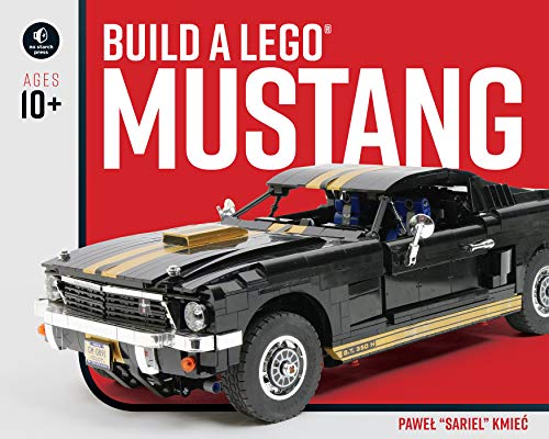 Black LEGO Mustang model with yellow stripes, angled on a red background.
