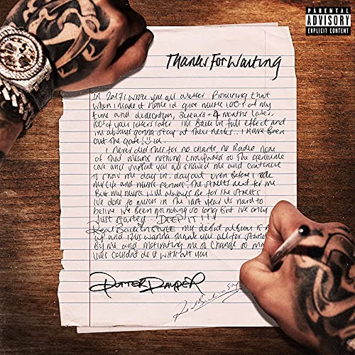 CD cover: handwritten letter with tattooed hands and parental advisory.