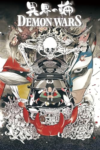 “Demon Wars” book cover with skeletal figure, flowers, and masked faces.