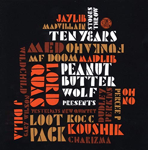 CD cover with stacked, colorful text listing artists like Madvillain and Peanut Butter Wolf.