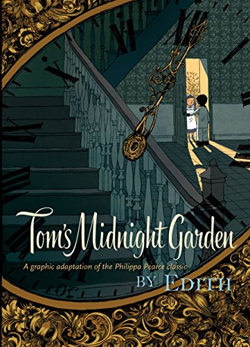 Cover of “Tom’s Midnight Garden” graphic novel, children by a doorway.