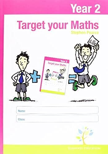 Target Your Maths Year 2 workbook cover with cartoon illustrations and name/class entry fields.