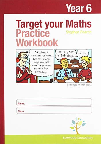 Red Year 6 maths workbook cover with cartoon teacher and students.