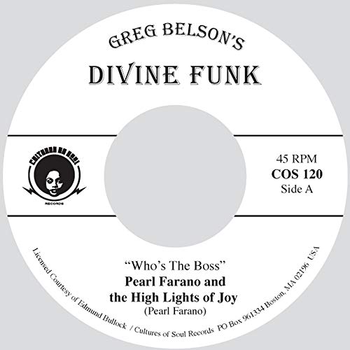 White vinyl record label with black text: “Who’s The Boss” by Pearl Farano.